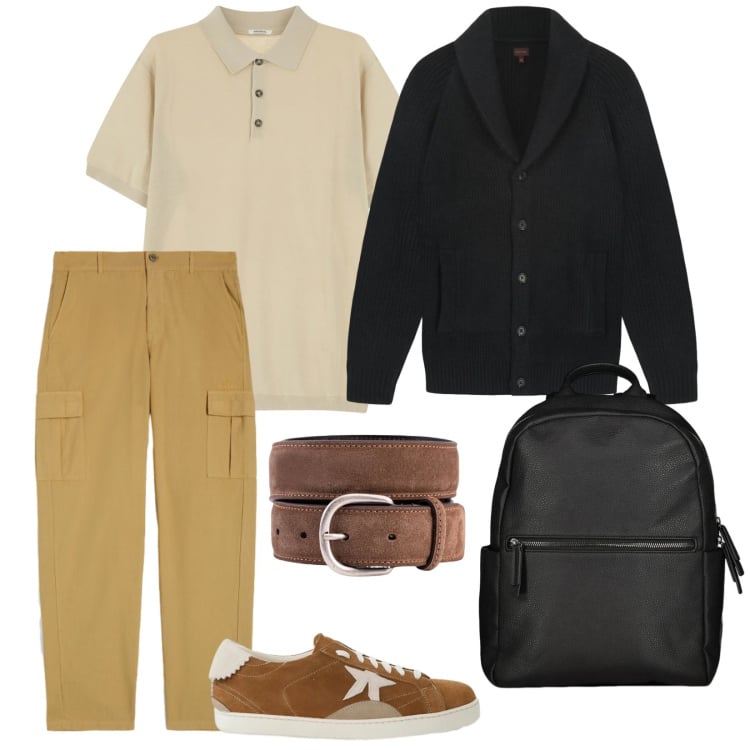 Outfit uomo - Casual. per Tutti i giorni. Abbinamento con polo, sneakers, pantaloni cargo, cardigans, borse sportive, cinture.