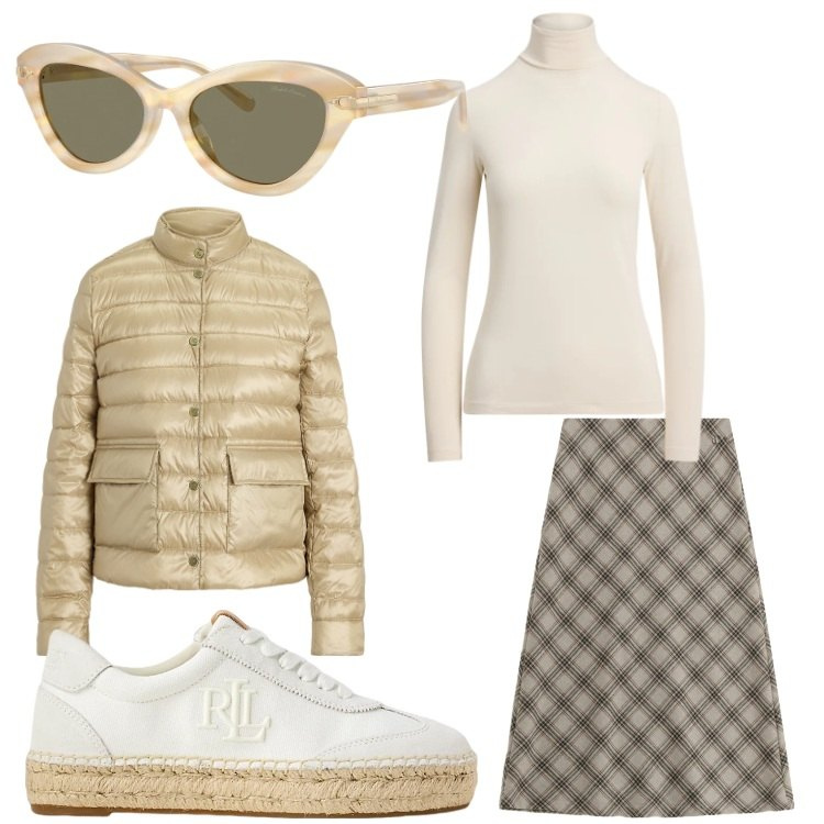 Outfit donna - Sotto il sole di febbraio. Stile Casual chic per Tutti i giorni. Abbinamento con gonne longuette, sneakers, occhiali da sole, piumini, maglieria.