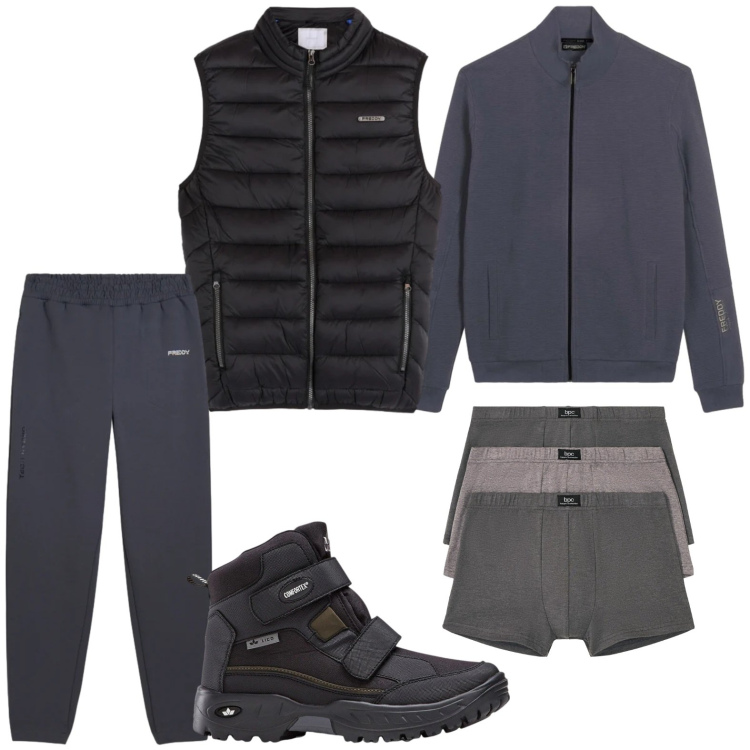 Outfit uomo - Uscita in gilet. Stile Trendy per Tutti i giorni. Abbinamento con stivali e stivaletti, boxer, pantaloni, felpe, piumini.