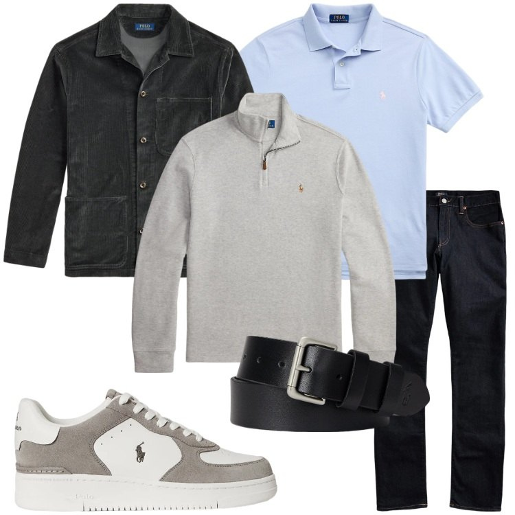 Outfit uomo - Casual raffinato. Stile Casual per Ufficio. Abbinamento con jeans, cinture, polo, pullovers, giacche, sneakers.