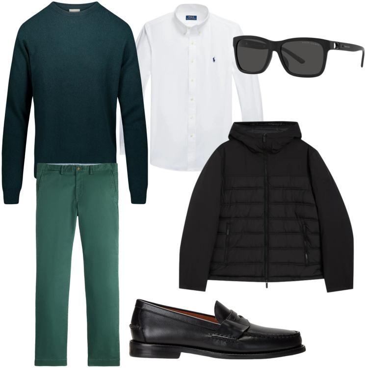 Outfit uomo - Capi di tendenza. Stile Casual per Tutti i giorni. Abbinamento con piumini, scarpe stringate, camicie, occhiali da sole, pantaloni chino, maglieria.