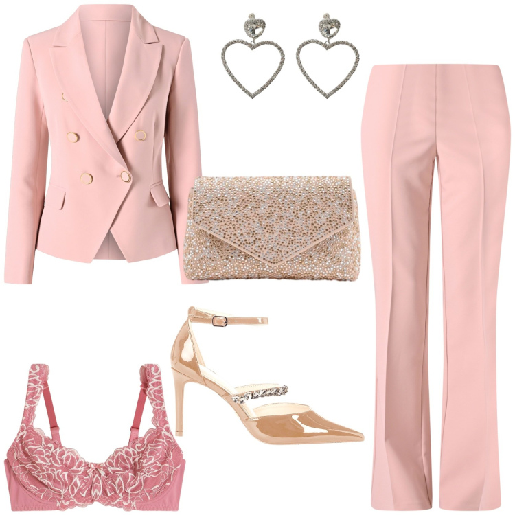 Outfit donna - Romantica. Stile Romantica per Serata fuori. Abbinamento con reggiseni, orecchini, blazer, pantaloni, décolleté, pochette.