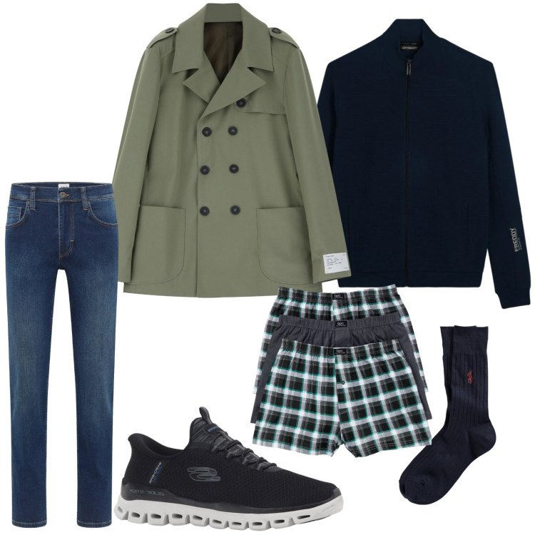 Outfit uomo - Il caban verde oliva. Stile Casual per Tutti i giorni. Abbinamento con sneakers, boxer, jeans dritti, giacche, felpe, calzini.