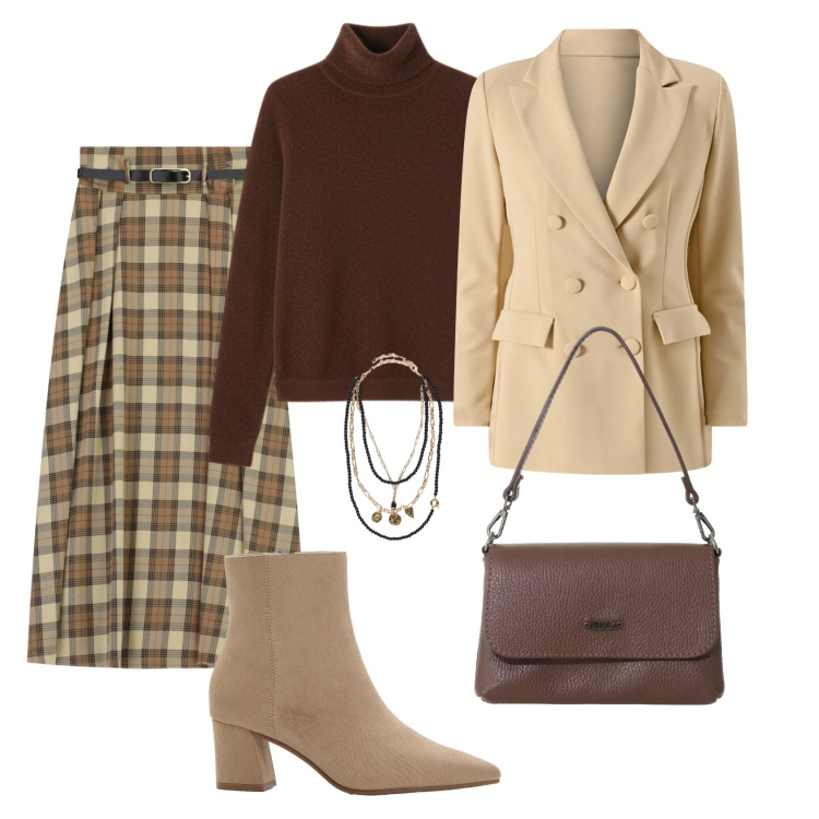 Outfit donna - Total look #2331704. Stile Casual chic per Ufficio. Abbinamento con stivaletti, gonne lunghe, borse a tracolla, blazer, pullovers, collane.