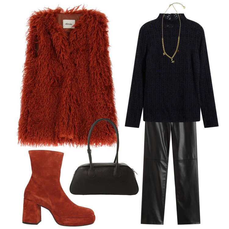 Outfit donna - San Valentino in ecofur. Stile Romantica per Serata fuori. Abbinamento con pantaloni, bluse, stivaletti, borse a mano, gilet, ciondoli.