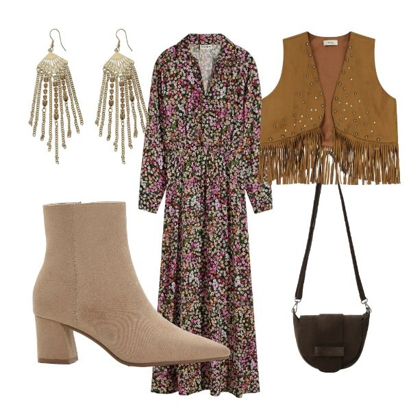 Outfit donna - vestito boho. Stile Etnico per Tutti i giorni. Abbinamento con vestiti lunghi, stivaletti, gilet, borse a tracolla, orecchini.