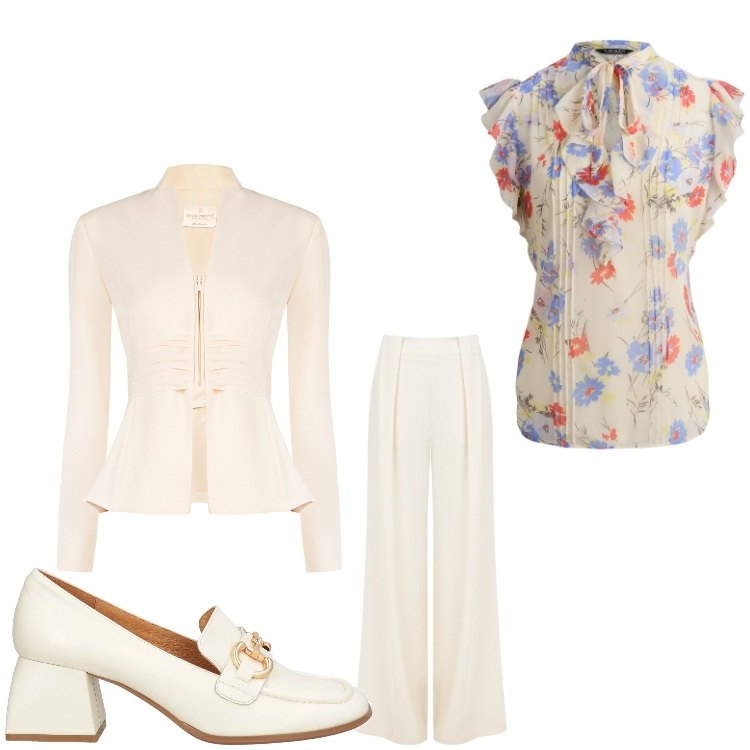 Outfit donna - Romantica bon ton. Stile Bon Ton per Serata fuori. Abbinamento con mocassini, blazer, pantaloni a palazzo, camicie.