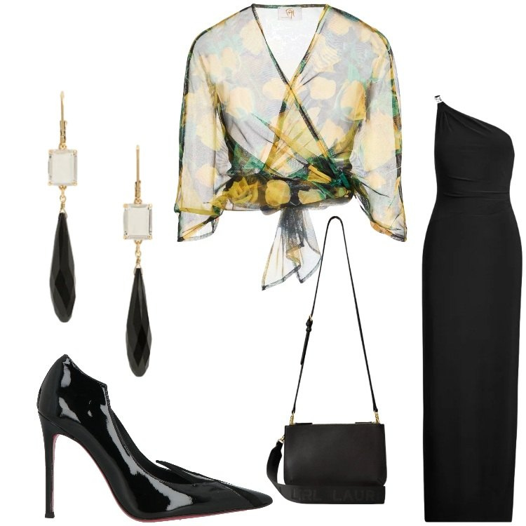 Outfit donna - Come una dea. Stile Chic per Serata fuori. Abbinamento con top, décolleté, borse a tracolla, vestiti asimmetrici, orecchini.