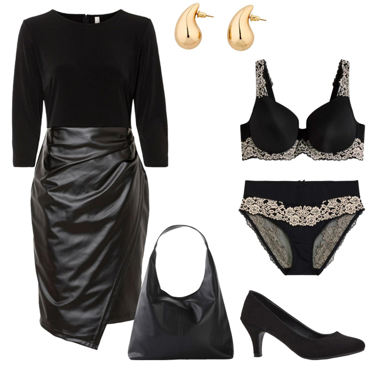 Outfit donna - Aspettando San Valentino. Stile Chic per Serata fuori. Abbinamento con décolleté, vestiti, orecchini, shopping bag, culotte, reggiseni.