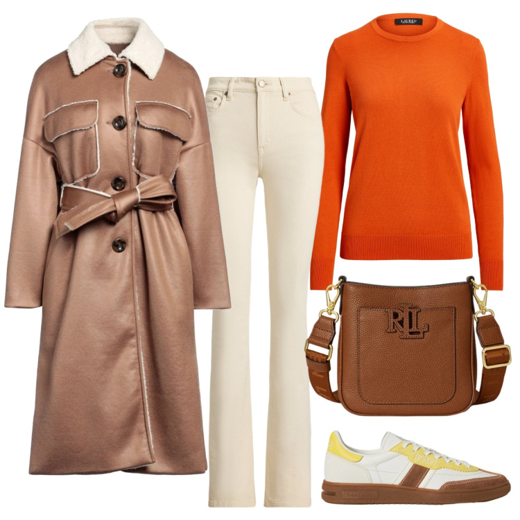 Outfit donna - L\'energia dell\'arancio. Stile Casual per Tutti i giorni. Abbinamento con cappotti, borse a tracolla, maglieria, jeans bootcut, sneakers.