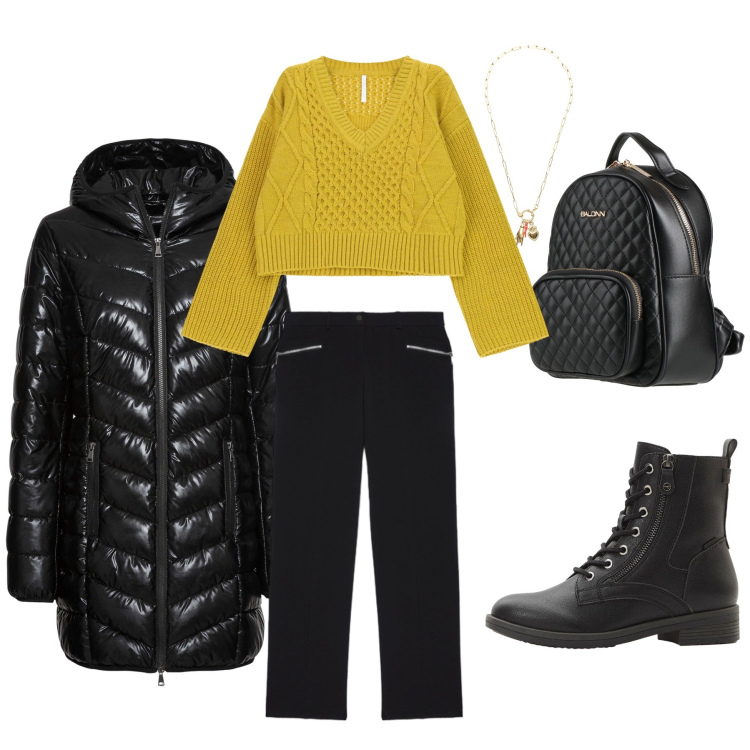 Outfit donna - City Winter Pastel. Stile Urban per Tutti i giorni. Abbinamento con giacche, stivaletti, zaini, maglieria, ciondoli, pantaloni chino.