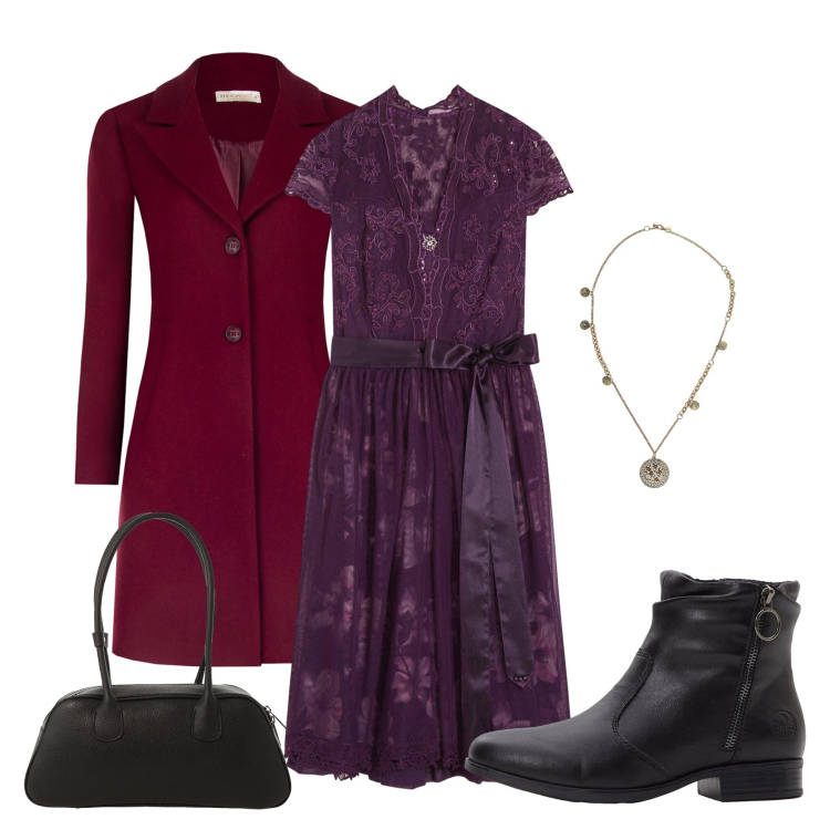 Outfit donna - Incanto d\'Inverno: Sfumature Violacee. Stile Urban per Tutti i giorni. Abbinamento con stivaletti, vestiti, borse a mano, ciondoli, cappotti.