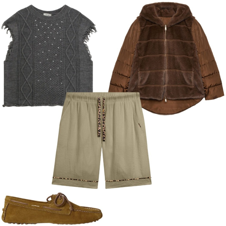 Outfit donna - Total look #2331726. Stile Etnico per Tutti i giorni. Abbinamento con maglieria, pantaloni corti, mocassini, ecopellicce.