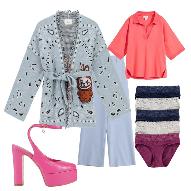 Outfit donna - Boho mix chic. Stile Boho per Tutti i giorni. Abbinamento con culotte, polo, décolleté, cardigans, pantaloni a palazzo.