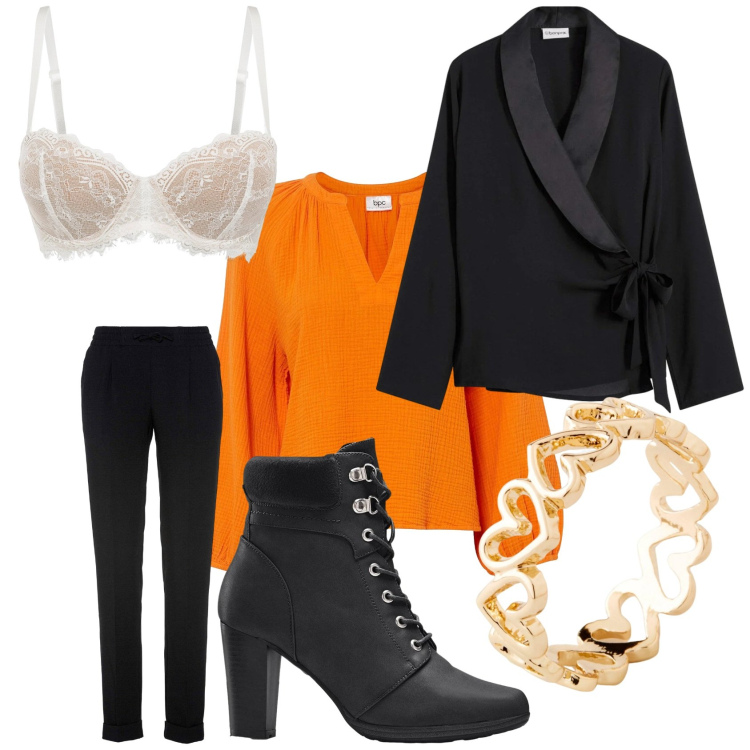 Outfit donna - Non sempre in rosso. Stile Chic per Serata fuori. Abbinamento con stivaletti, pantaloni, reggiseni a balconcino, anelli, bluse, blazer.