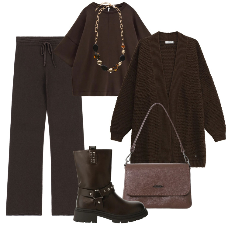 Outfit donna - A tutta maglia !. Stile Trendy per Tutti i giorni. Abbinamento con pantaloni a palazzo, stivali, felpe, borse a tracolla, cardigans, collane.