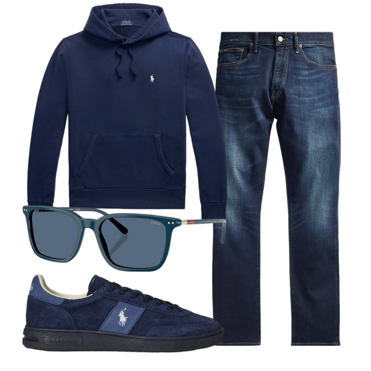 Outfit uomo - Total look #2331755. Stile Casual per Ufficio. Abbinamento con felpe con cappuccio, jeans, occhiali da sole, sneakers.