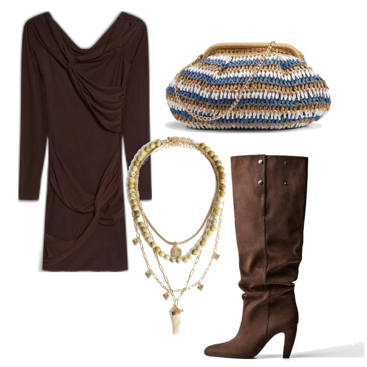 Outfit mujer - Trendy look. Estilo Trendy para Noche/Fiesta elegante. Combinación con bolsos de mano, colgantes, botas, vestidos cortos.