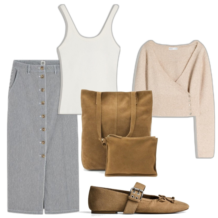 Outfit mujer - Urban look. Estilo Urban para Todos los días. Combinación con bolso tote, minifaldas, cárdigans, bailarinas, camiseta.