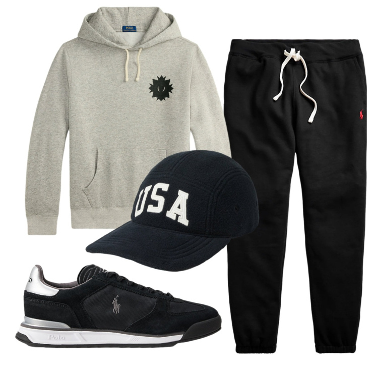 Outfit uomo - Total look #2331762. Stile Casual per Sport. Abbinamento con pantaloni, sneakers, felpe con cappuccio, cappelli con visiera.