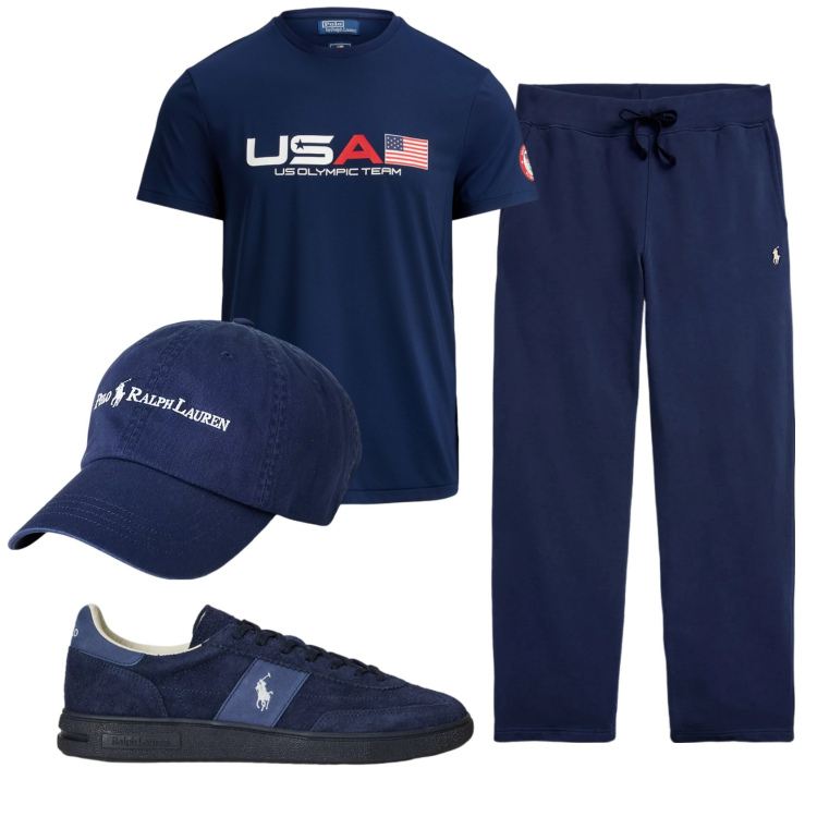 Outfit uomo - Blu. Stile Casual per Sport. Abbinamento con pantaloni, cappelli, sneakers, t-shirt.