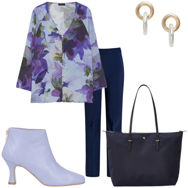 Outfit donna - Pantalone e blusa fiorata. Stile Casual chic per Tutti i giorni. Abbinamento con stivaletti, pantaloni, borse tote, orecchini, bluse.