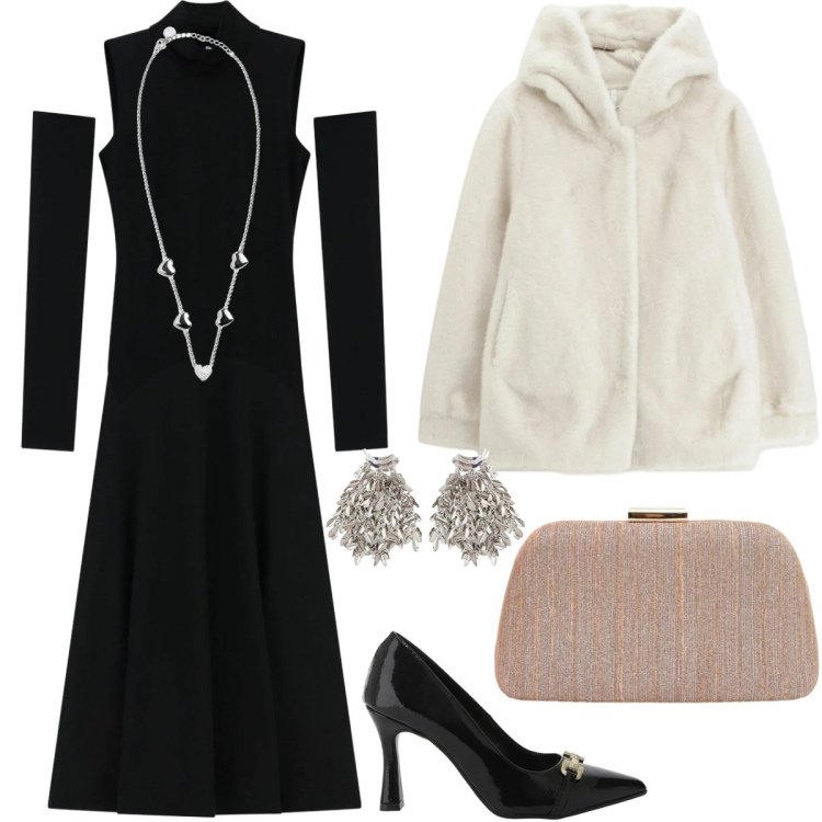 Outfit donna - San Valentino curvy mood. Stile Chic per Serata fuori. Abbinamento con ecopellicce, vestiti lunghi, décolleté, orecchini, pochette, collane.