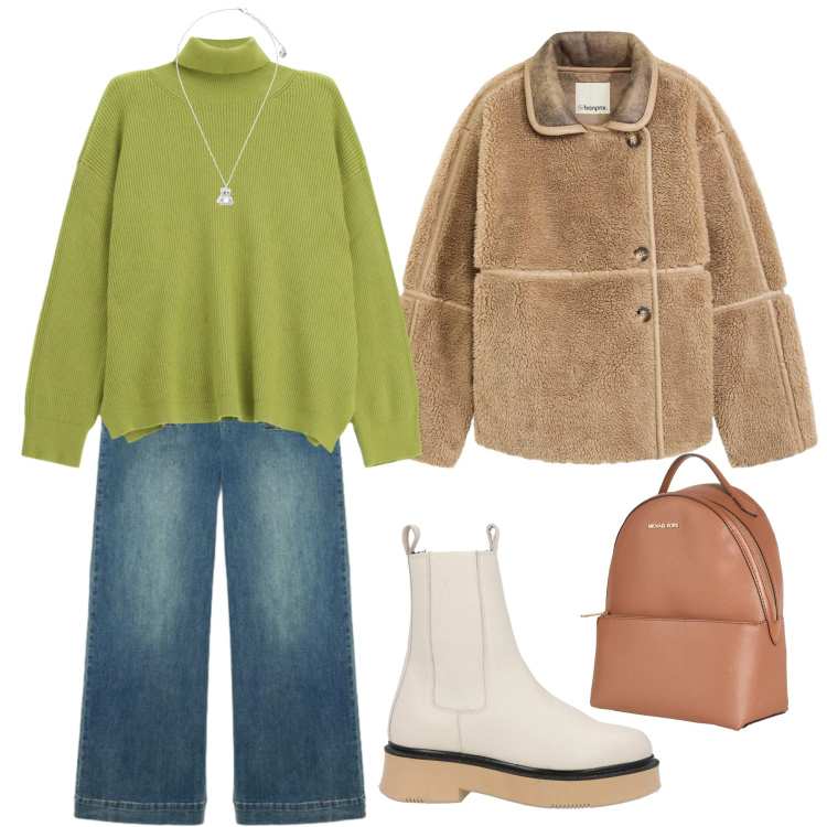 Outfit donna - Acido dolcevita. Stile Casual per Tutti i giorni. Abbinamento con blazer, zaini, stivaletti, maglieria, ciondoli, jeans.