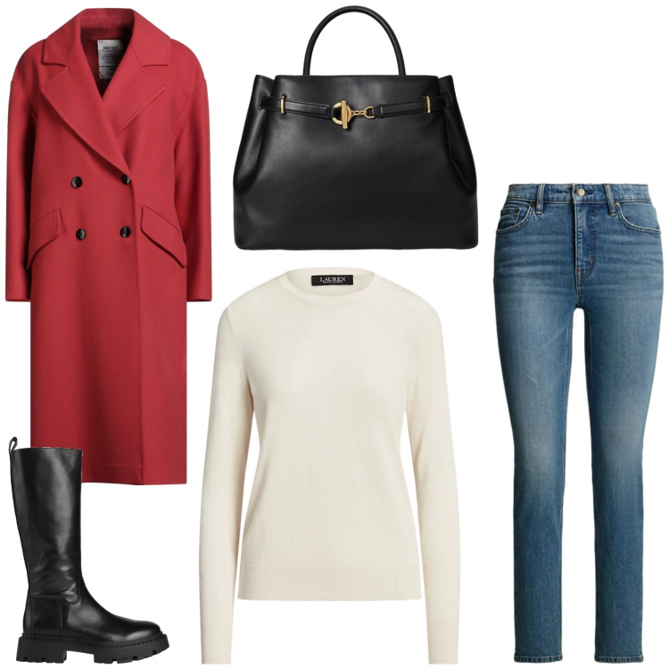 Outfit donna - Winter fashion style. Stile Trendy per Tutti i giorni. Abbinamento con cappotti, stivali, maglieria, borse a mano, jeans dritti.