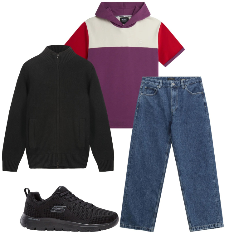 Outfit uomo - Total look #2331783. Stile Urban per Tutti i giorni. Abbinamento con sneakers, jeans, t-shirt, cardigans.