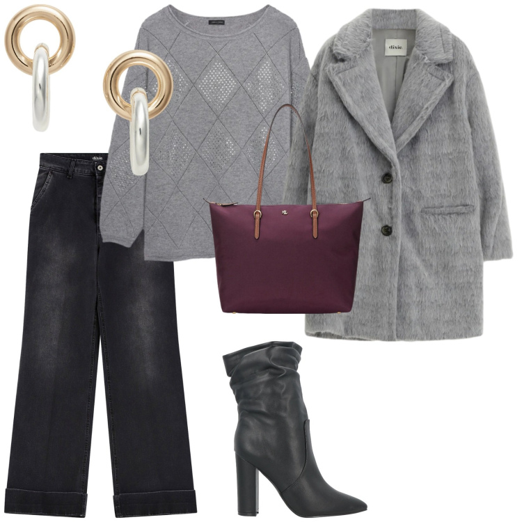 Outfit donna - Sto bene così. per Tutti i giorni. Abbinamento con stivaletti, jeans, cappotti, orecchini, borse tote, maglieria.