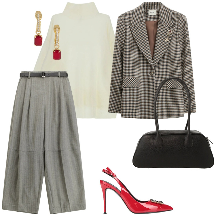 Outfit donna - Un tocco di rosso per febbraio. per Ufficio. Abbinamento con décolleté, pantaloni, maglieria, borse a mano, blazer, orecchini.