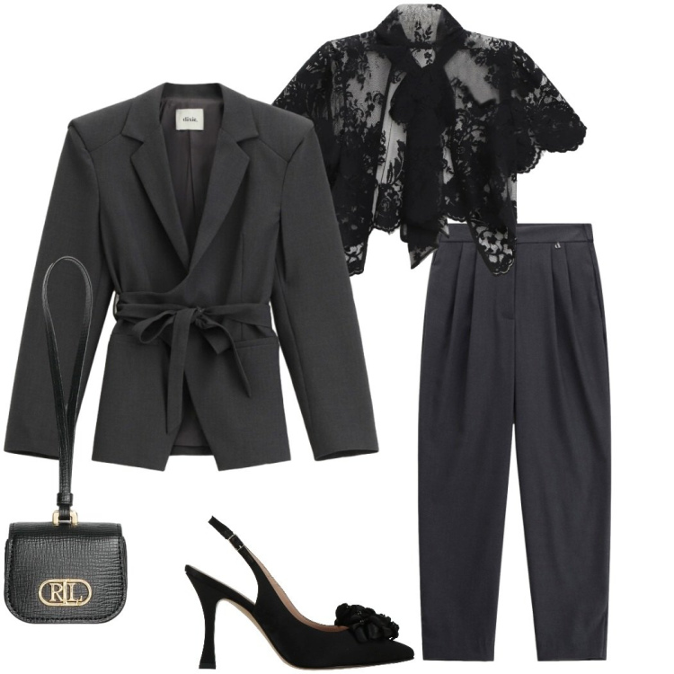 Outfit donna - Outfit per san Valentino. Stile Chic per Serata fuori. Abbinamento con décolleté, top, pantaloni, blazer, pochette.