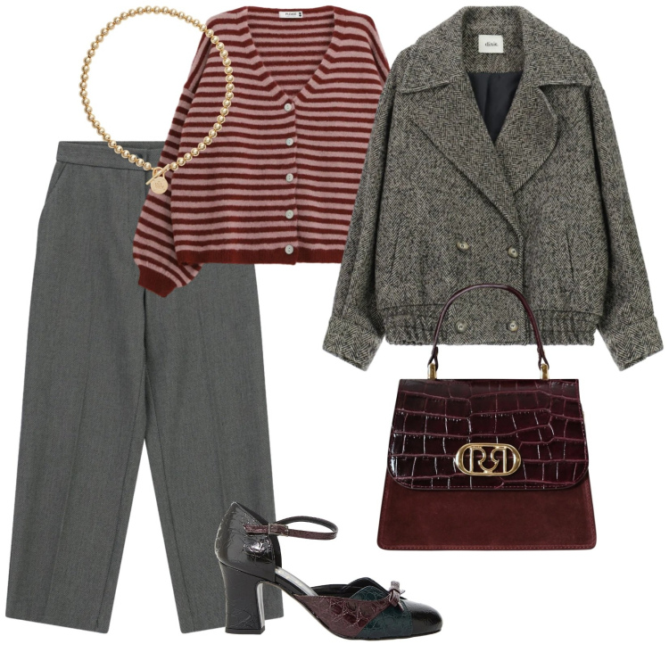 Outfit donna - Con le amiche. per Serata fuori. Abbinamento con pantaloni, décolleté, cappotti, borse a mano, cardigans, collane.