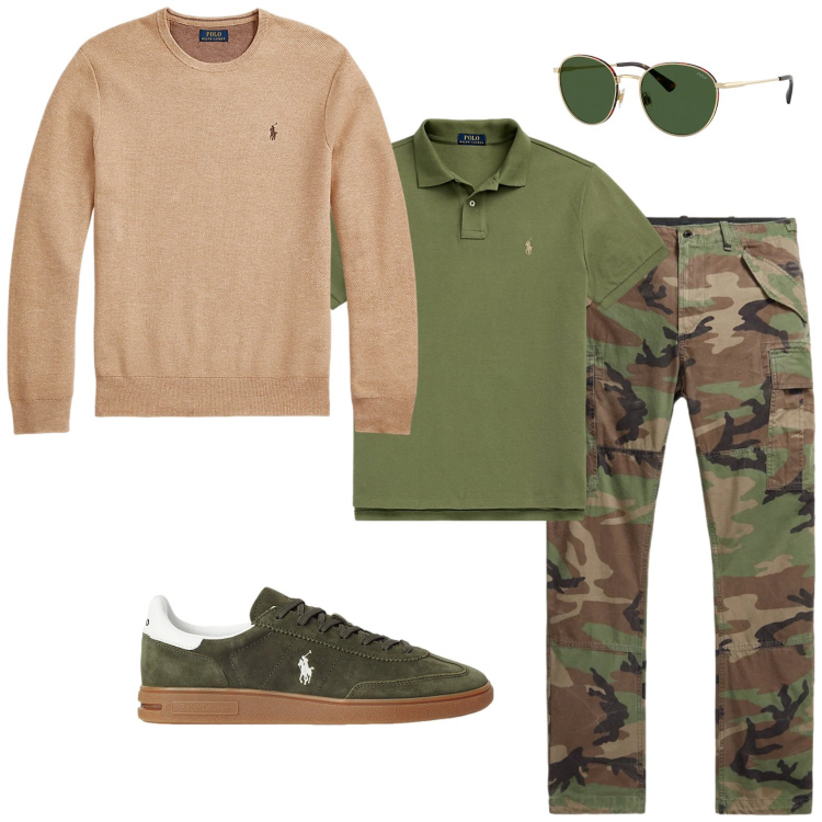 Outfit uomo - Trendy tempo libero. Stile Trendy per Tutti i giorni. Abbinamento con maglieria, polo, sneakers, occhiali da sole, pantaloni cargo.