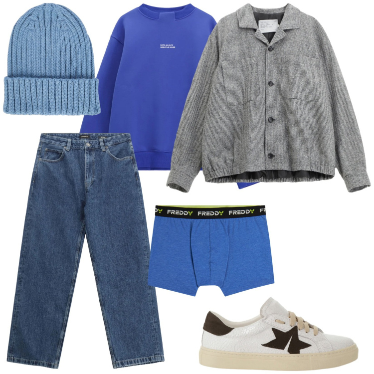 Outfit uomo - Colori cielo. per Tutti i giorni. Abbinamento con jeans, sneakers, cappotti, felpe, boxer, berretti.