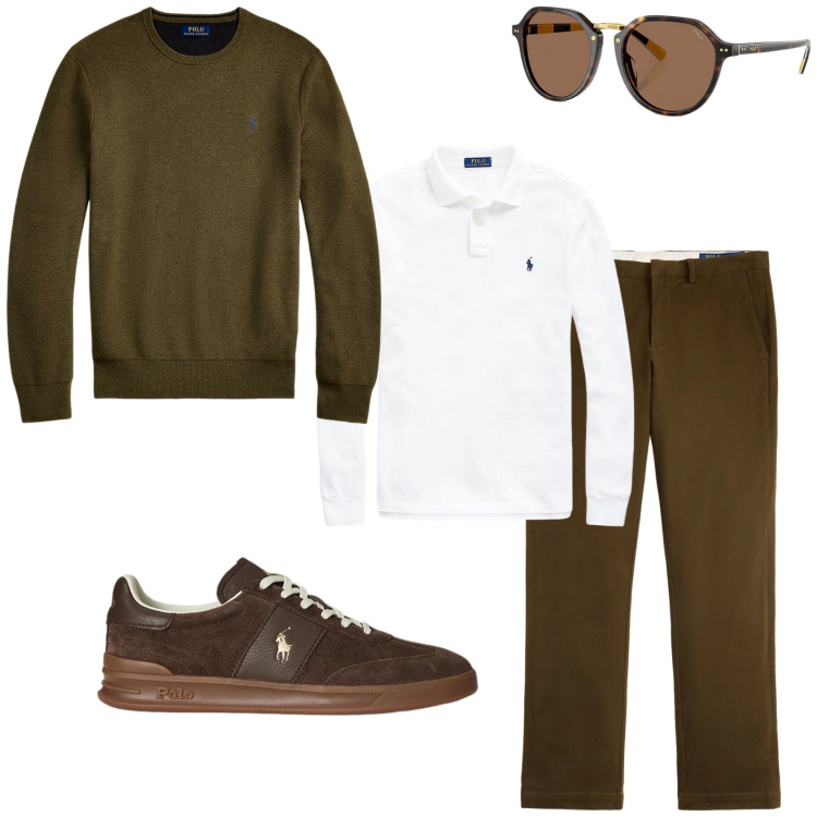 Outfit uomo - Trendy ufficio tempo libero. Stile Trendy per Tutti i giorni. Abbinamento con occhiali da sole, maglieria, sneakers, pantaloni chino, polo.