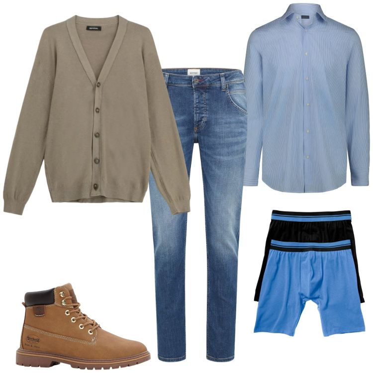 Outfit uomo - Easy at work. Stile Casual per Ufficio. Abbinamento con boxer, jeans dritti, stivali e stivaletti, cardigans, camicie.