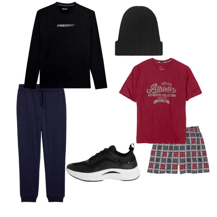 Outfit uomo - Corsa e buona notte. per Tutti i giorni. Abbinamento con abbigliamento da notte, pantaloni sportivi, t-shirt, sneakers, berretti.