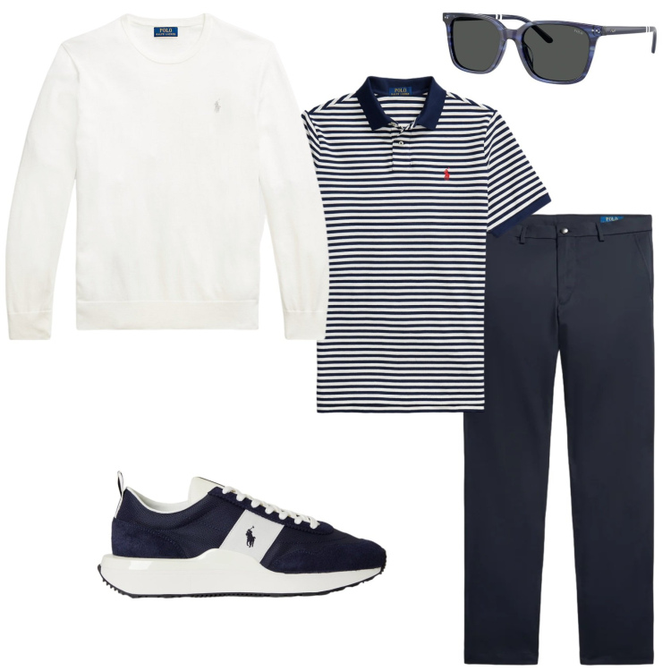 Outfit uomo - Trendy per ufficio tempo libero. Stile Trendy per Tutti i giorni. Abbinamento con maglieria, occhiali da sole, sneakers, pantaloni, polo.