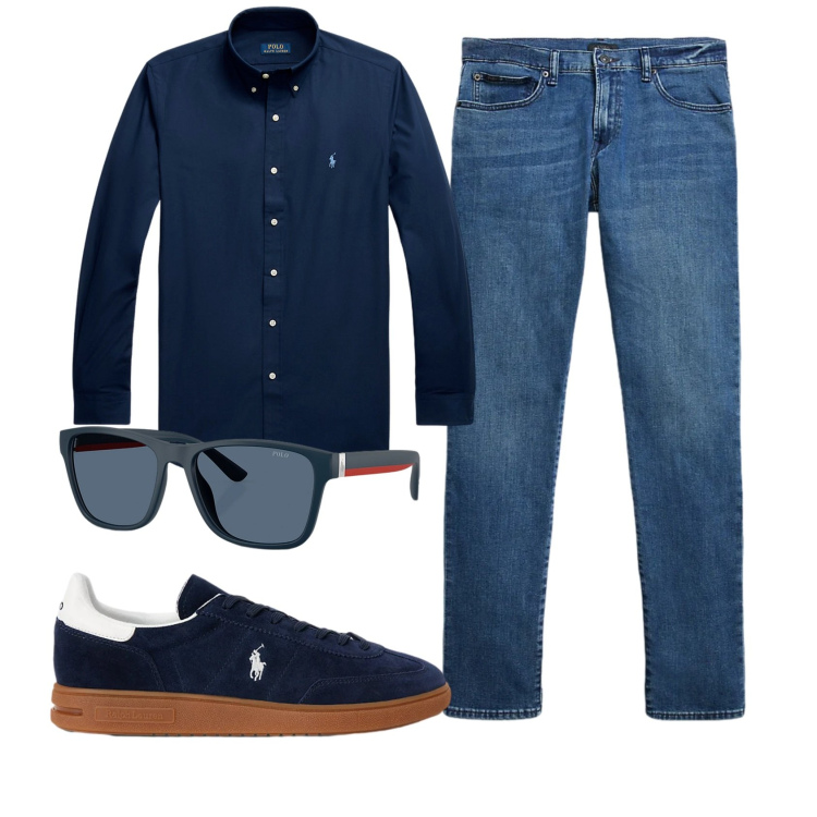 Outfit uomo - Total look #2331819. Stile Casual per Ufficio. Abbinamento con camicie, jeans, sneakers, occhiali da sole.