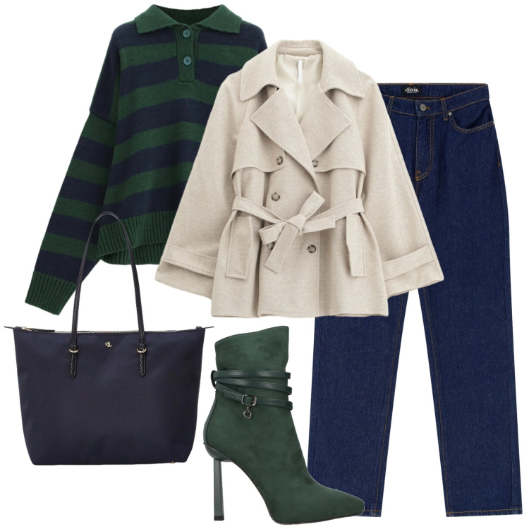 Outfit donna - Verde e blu. Stile Casual chic per Tutti i giorni. Abbinamento con stivaletti, trench, jeans dritti, maglieria, borse tote.