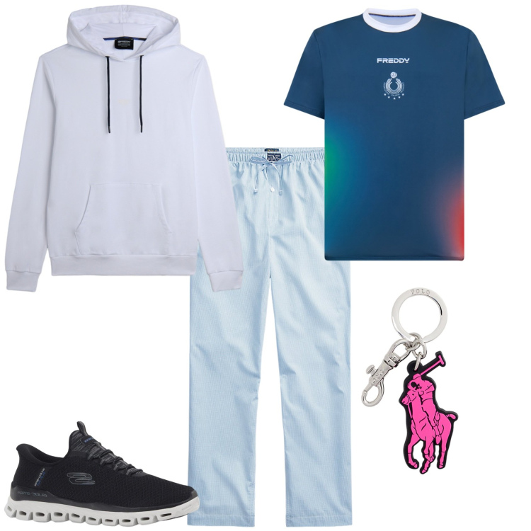 Outfit uomo - Tempo libero. Stile Casual per Tutti i giorni. Abbinamento con sneakers, t-shirt, felpe con cappuccio, pantaloni, portachiavi.