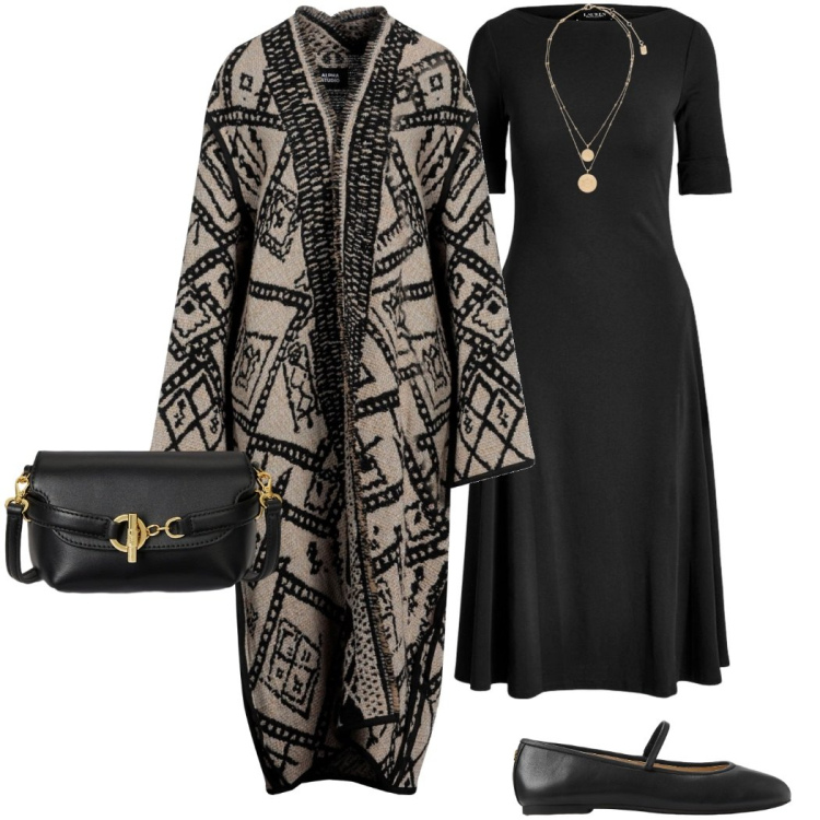 Outfit donna - Il fascino dei dettagli. Stile Chic per Serata fuori. Abbinamento con cardigans, ciondoli, vestiti, ballerine, borse a tracolla.