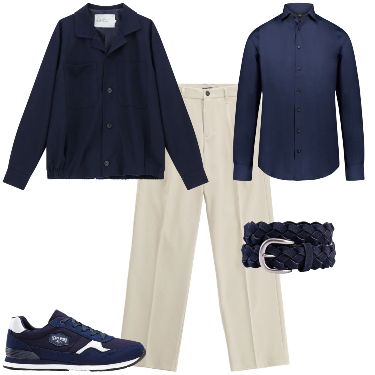 Outfit uomo - Trendy ufficio week end. Stile Trendy per Ufficio. Abbinamento con sneakers, cappotti, pantaloni, camicie, cinture.