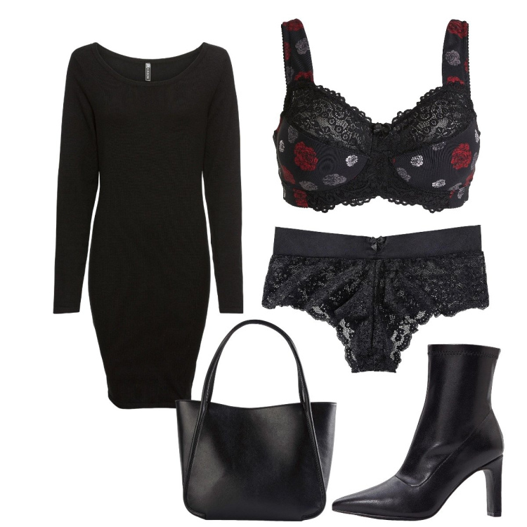 Outfit donna - Intimo Bonprix. Stile Glamour per Serata fuori. Abbinamento con culotte, vestiti lunghi, stivaletti, shopping bag, reggiseni.