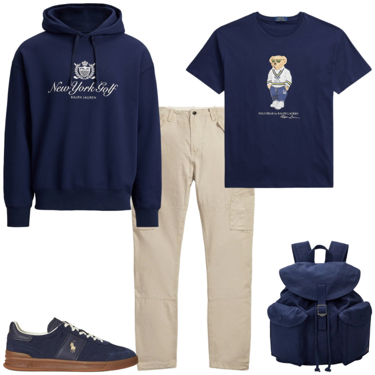Outfit uomo - Week end fuori porta. Stile Trendy per Tutti i giorni. Abbinamento con borse sportive, sneakers, felpe con cappuccio, pantaloni cargo, t-shirt.