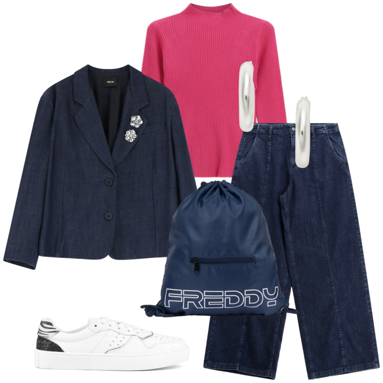 Outfit donna - Total look #2331844. Stile Casual chic per Tutti i giorni. Abbinamento con maglieria, blazer, jeans, zaini, orecchini, sneakers.