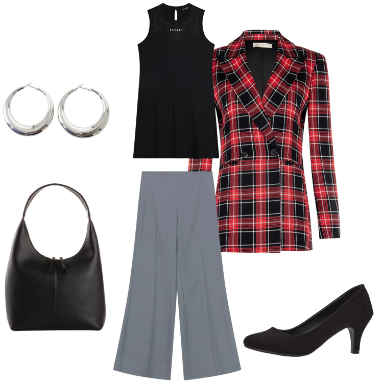 Outfit donna - Urban Sophisticate: Volumi & Power. Stile Urban per Tutti i giorni. Abbinamento con décolleté, shopping bag, pantaloni a palazzo, orecchini, blazer, vestiti midi/longuette.