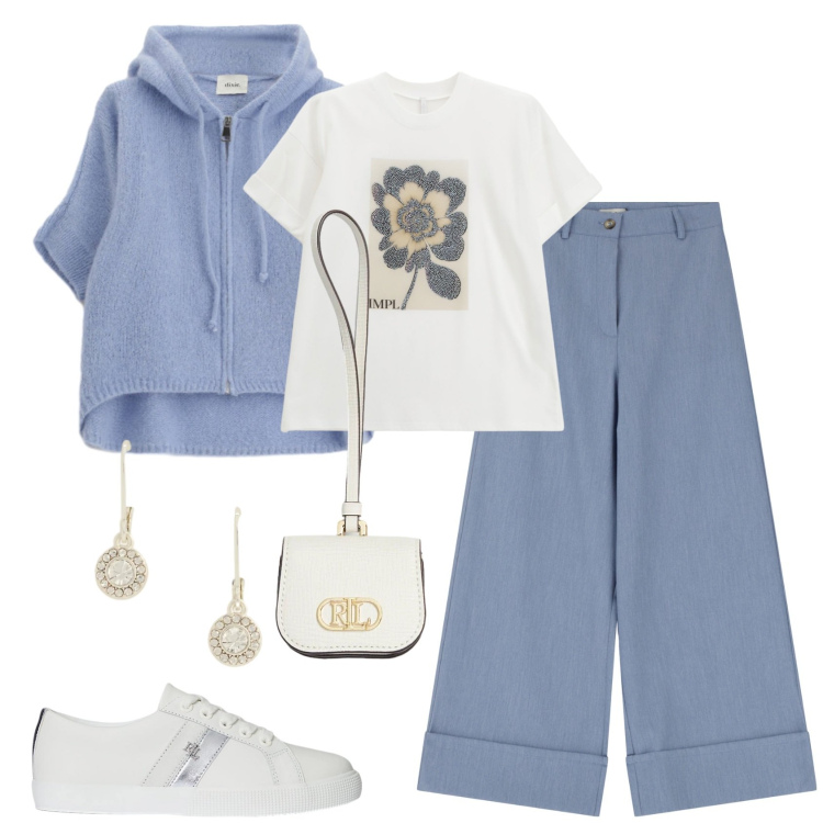 Outfit donna - Azzurro pastello. Stile Bon Ton per Tutti i giorni. Abbinamento con t-shirt, pantaloni a palazzo, cardigans, sneakers, orecchini, pochette.